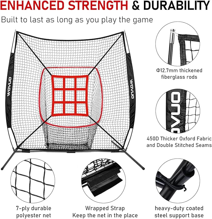 7x7 ft Baseball Net for Batting Pitching Hitting, Softball Pitching Net with Strike Zone, Tee, Ball Caddy, Softball Batting Net Baseball Training Equipment for Kids Adult Youth Sport Practice-StrideForce Fitness