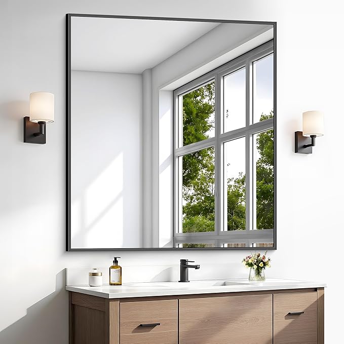 Bathroom Mirror,36x40 inch Wall Mirror for Bathroom Wall Mounted Black Rectangle Square Corner Mirrors, Black Bathroom Mirror for Living Room, Farmhouse, Bedroom Entryway, Horizontal/Vertical-StrideForce Fitness