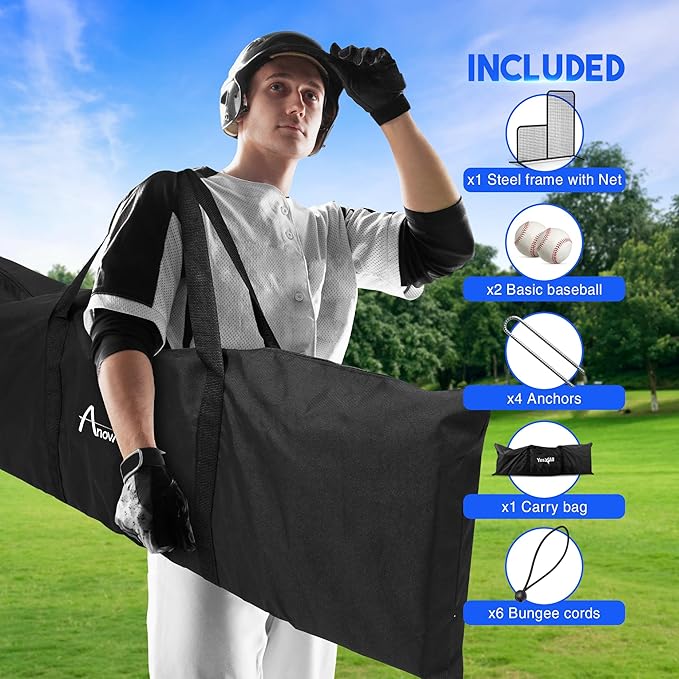 Yes4All Portable L-Screen Baseball 7x7ft with 2 Baseballs, Rubber Wheels - L Screen Baseball for Batting Cage, Protective Pitching Screen Net Double Layers, Carry Bag Included-StrideForce Fitness
