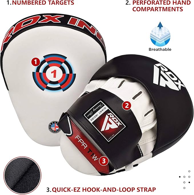 RDX Boxing Pads Focus Mitts, Maya Hide Leather Curved Hook and Jab Target Hand Pads, Great for MMA, Kickboxing, Martial Arts, Muay Thai, Karate Training, Padded Punching, Coaching Strike Shield-StrideForce Fitness