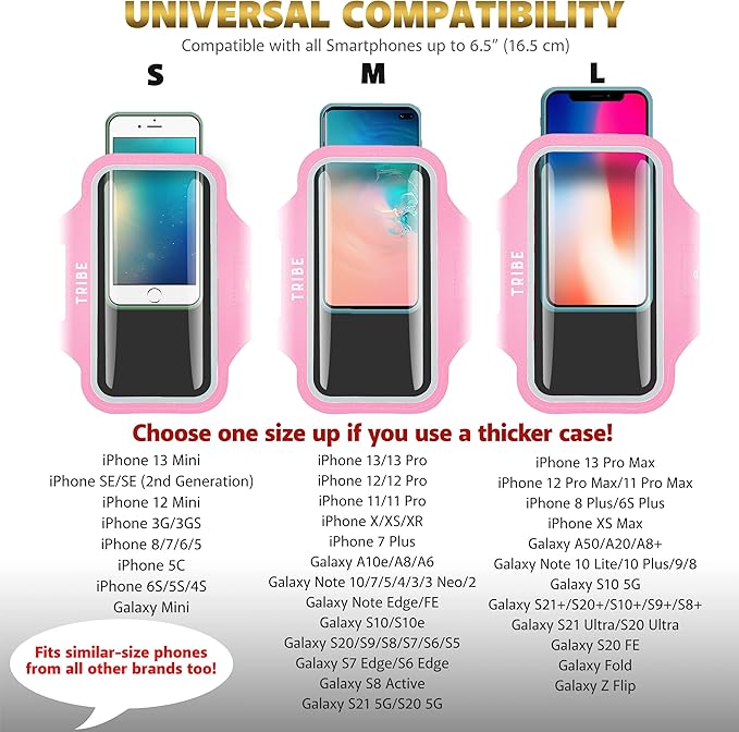 TRIBE Water Resistant Cell Phone Armband Case Running Holder for iPhone Pro Max Plus Mini SE (13/12/11/X/XS/XR/8/7/6/5) Galaxy S Ultra Plus Edge Note (21/20/10/9/8/7/6/5) Adjustable Strap & Key Pocket-StrideForce Fitness