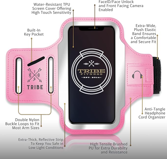 TRIBE Running Phone Holder Armband. iPhone & Galaxy Cell Phone Sports Arm Bands for Women, Men, Runners, Jogging, Walking, Exercise & Gym Workout. Fits All Smartphones. Adjustable Strap, CC/Key Pocket-StrideForce Fitness