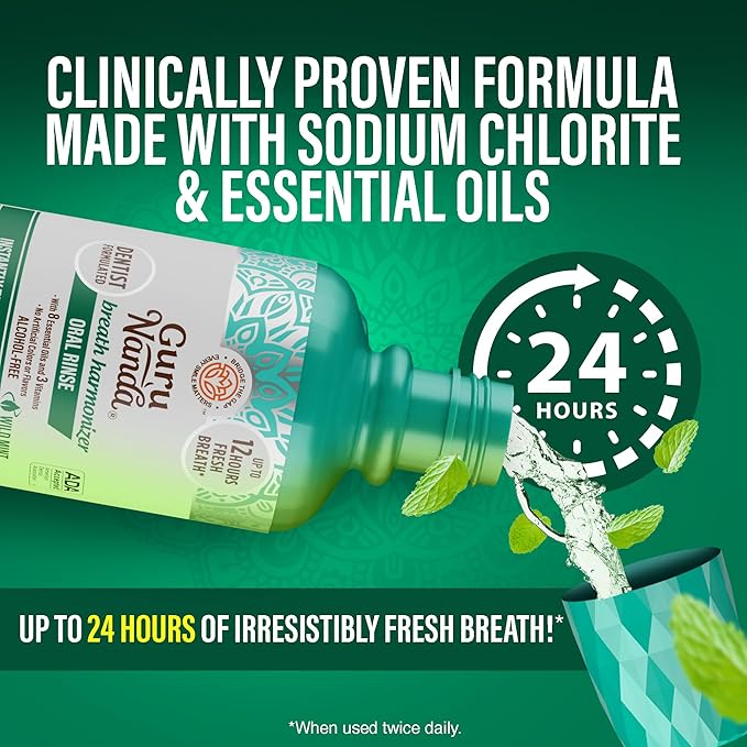 GuruNanda Fresh Breath Mouthwash, ADA-Accepted, Alcohol & Fluoride-Free, Sodium Chlorite, Essential Oils & Vitamins, 12-Hrs Fresh Breath, Wild Mint, 3 oz