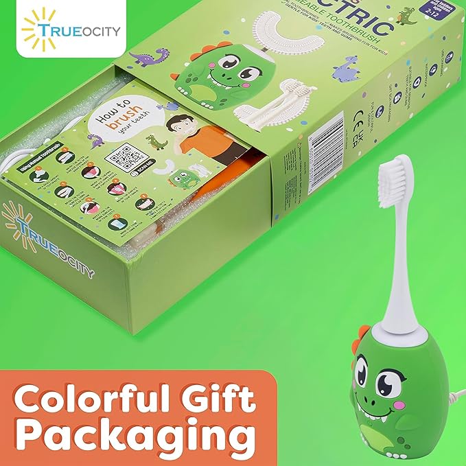 Trueocity Kids U Shape Toothbrush Auto Electric Toddler Rechargeable Kids Automatic Toothbrush | 360° U-Shaped Silicone Brush Head | Gentle Cleaning for Ages 2–7 | Dinosaur Design (Green)