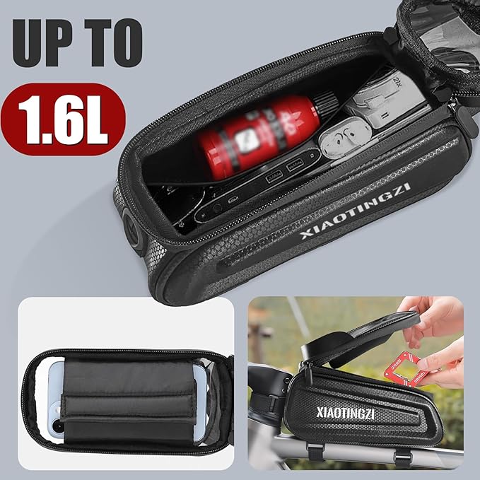Bike and Bicycle Phone Front Frame Bag, Waterproof, Tube Bag, Cycling Pouch, Bike Accessories for Men Compatible Under 7 Inch and Below Phones-StrideForce Fitness