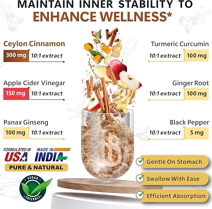6in1 Premium Ceylon Cinnamon Supplement Plus Apple Cider Vinegar, Turmeric, Ginger, Ginseng - Weight Management, Digestion - 100 Vegan Capsules-StrideForce Fitness