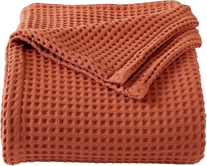 100% Cotton Waffle Weave Bed Blanket | Soft, Breathable, and Lightweight Blanket for All-Season | Perfect for Layering | Brielle Collection (Full/Queen, Burnt Orange)-StrideForce Fitness