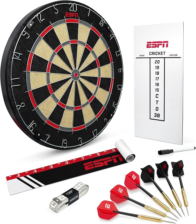 ESPN Dart Board Includes 6 Steel Tip Darts, Bristle Dartboard with Radial Spider Wire and Staple Free Bullseye, Ideal Party Games for Adults-StrideForce Fitness