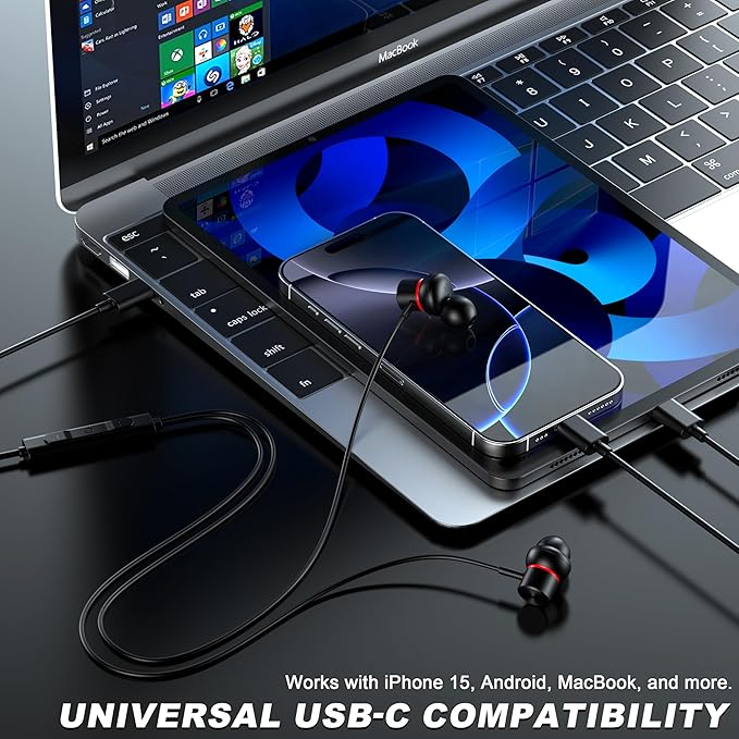 USB C Wired Headphones,【Active Noise Cancelling & One-Click ANC Toggle Button】 Ear Buds for iPhone 16 15 Pro Max USBC Earphones,Hi-Res Sound Type C Earbuds Compatible with iPhone/Android/Galaxy/iPad-StrideForce Fitness