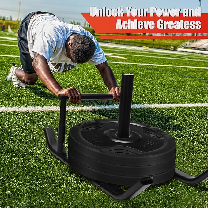 GDFISH Large Weight Sled, Adjustable Height Handle Push Sleds, Workout Fitness Sled for Training Running Speed, Compatible with 1" & 2" Weight Plate, Easy Obstacle Clearance for Grass, Sand, Cement-StrideForce Fitness