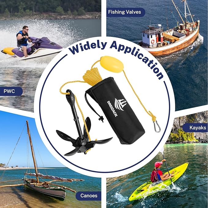 Dreizack Kayak Anchor Kit, 3.5 lb Folding Grapnel Boat Anchor Trolley Accessories with 40ft Rope and PVC Buoy for Fishing Kayaks SUP Paddle Boards Canoes Jet Ski PWC Inflatable Small Boats-StrideForce Fitness