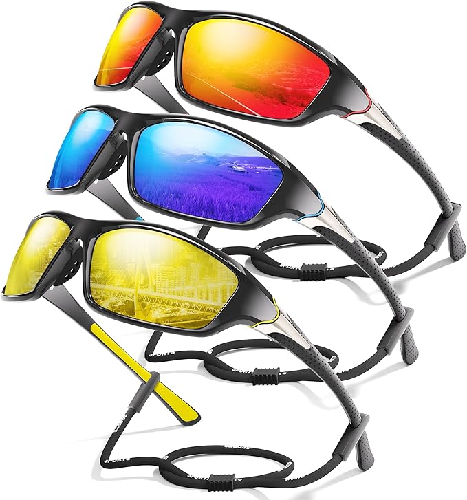 3 Pack Polarized Sports Sunglasses for Men, Mens Sunglasses Wrap Around UV400 Protection for Cycling Fishing Driving-StrideForce Fitness