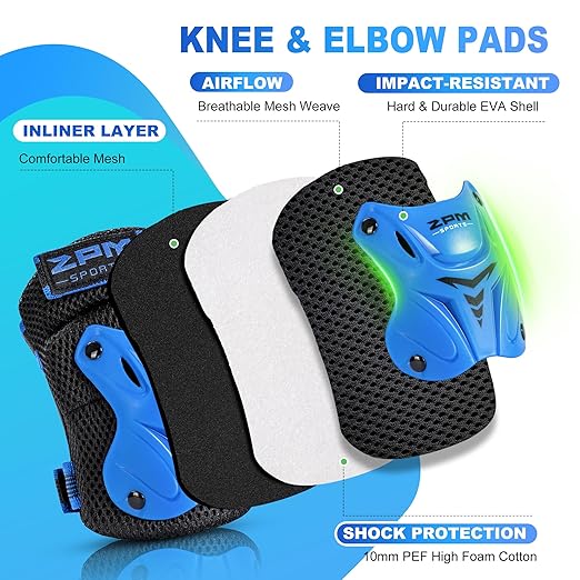 2PM SPORTS Knee Pads for Kids, Wrist Guards Knee and Elbow Pads Set with Drawstring Bag, Protective Gear Set for Girls Boys Roller Skating Cycling Skateboard - Blue Medium-StrideForce Fitness