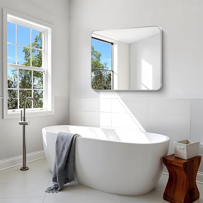 Silver Bathroom Mirror,30x36 inch Wall Mirror for Bathroom Wall Mounted,Rectangle Mirror for Bathroom Over Sink,Modern Frame Round Corner for Living Room,Bedroom Entryway,Horizontal/Vertical-StrideForce Fitness