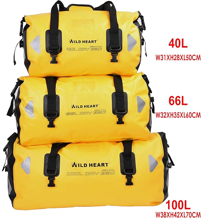 WILD HEART Waterproof Motorcycle Duffel Bag PVC500D Double-bottom With Rope Straps and Inner Pocket 40L 66L 100L for Kayaking, Camping, Boating,Motorcycle-StrideForce Fitness