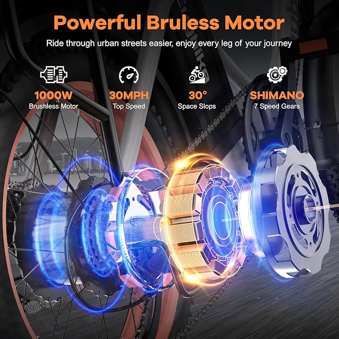 Foldable Electric Bike for Adults, Peak 1000W Brushless Motor 30MPH 70Miles City Commuter Ebike, 48V 20AH Lithium Battery, 20" Fat Tire 7-Speed E-Bicycle with Front Suspension Colourful LCD Display-StrideForce Fitness