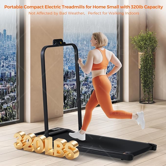 Portable Compact Treadmill with Handles for Home Small Spaces, Foldable Folding Walking Pad Treadmill with Handle Bar, 3.0HP Electric Walking Pads Treadmills Home with 320LB Capacity, LED Display-StrideForce Fitness