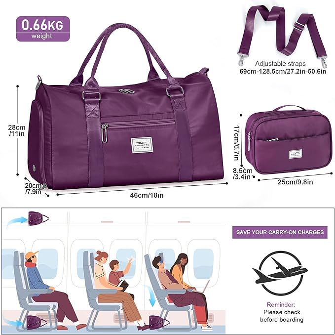 FIORETTO Womens Gym Tote Duffle Bag with Toiletry Bag, Sports Duffel Overnight Hospital Workout Carry on Bag for Girls with Wet Pocket & Shoe Compartment, Ideal for Travel, Swimming, Dance Purple-StrideForce Fitness