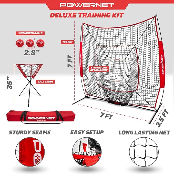 PowerNet Baseball Softball Practice Net 7x7 with Baseball Accessories for Practice Pitching, Batting & Fielding, Ball Caddy, Weighted Baseballs, Tee-StrideForce Fitness