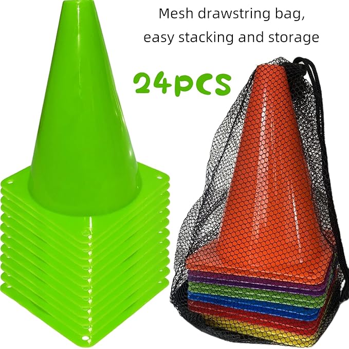 24 Pcs 7 Inch Plastic Traffic Cones, Basketball Football Drills, Skating, Sport Training Agility Markers, Indoor Outdoor Games, Multicolor-StrideForce Fitness