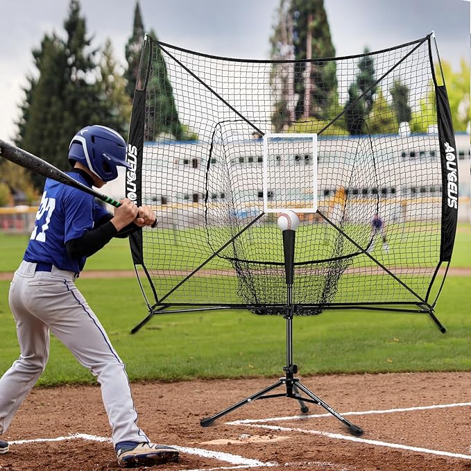 7'X7' Baseball Softball Practice Net,Pitching Net,Batting Net,with Baseball Tee,Bonus Strike Zone and Bow Frame,for Hitting,Pitching, Catching-StrideForce Fitness