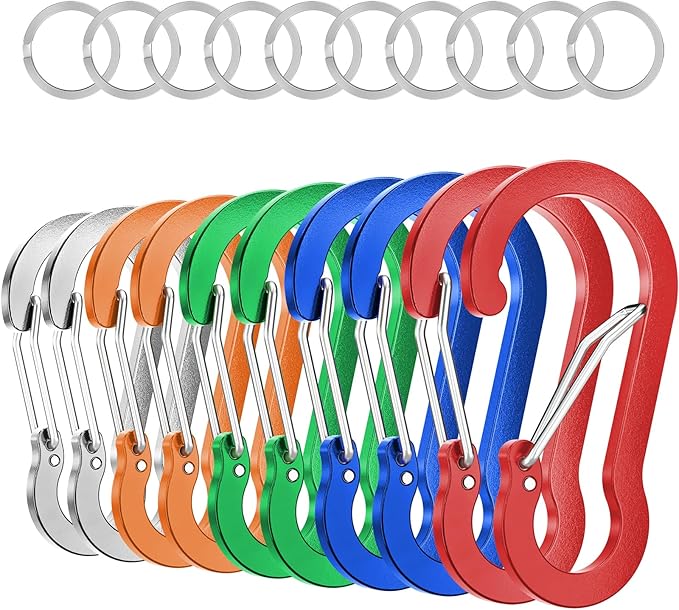 sprookber 3.2 Inch Aluminum Carabiner Clips D Ring, Caribeaner Spring Snap Hook with Keychain for Camping, Hiking, Gym & Outdoor Gear, Set of 10-StrideForce Fitness