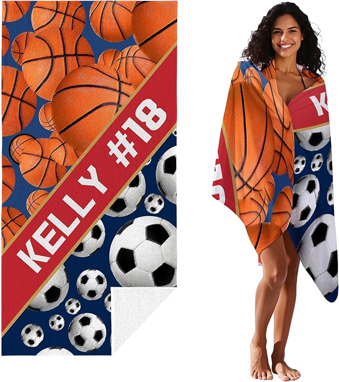 Personalized Beach Towel With Name, Custom Beach Towel with Text, Customized Basketball Football Microfiber Pool Towel, Quick Dry & Absorbent Swim Towel for Adult,Anniversary, Birthday, Summer Holiday-StrideForce Fitness