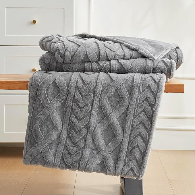 Cozy Bliss Faux Fur Throw Blanket for Couch, Jacquard Fuzzy Plush Soft Thick Winter Throw Blanket for Sofa Bed Living Room Bedroom，50"x60" Grey-StrideForce Fitness
