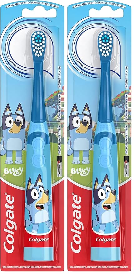 Colgate Kids Battery Powered Toothbrush With AA Battery, Extra Soft Bristles, Flat-Laying Handle to Prevent Rolling, Bluey, 2 Pack