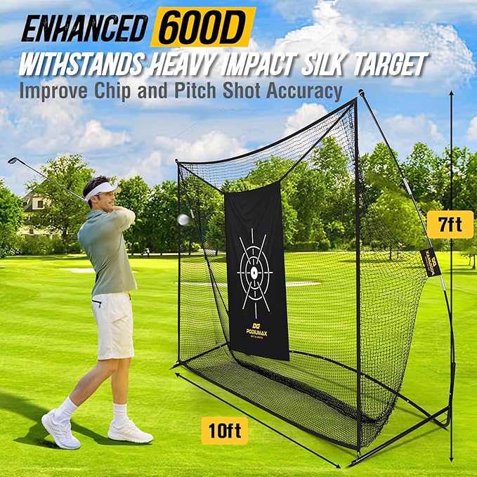 PodiuMax Golf Net, 10x7ft Golf Practice Net with Noise Reduce Silk Target Driving Real Balls, Hitting Nets for Backyard Garage, Improve Chipping Putting Pitching, Gift for Men & Golfers-StrideForce Fitness