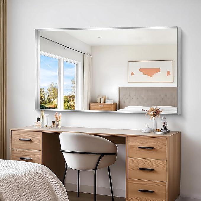 Silver Bathroom Mirror, 36x60 Inch Rectangular Deep Frame Mirror, Large Wall Mounted Bathroom Vanity Mirror Over Sink for Bedroom,Restroom, Living Room, Hangs Vertically or Horizontally-StrideForce Fitness