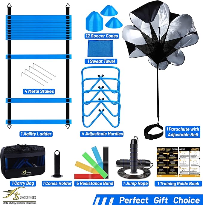 Eazy2hD Speed Agility Training Set- Agility Ladder,12 Cones, 4 Adjustable Hurdles,Parachute, Exercise Workout Equipment Boost Fitness & Increase Quick Footwork-StrideForce Fitness