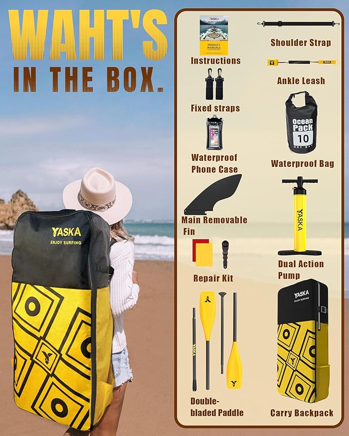YASKA Inflatable Stand Up Paddle Board - 11ft Extra Wide Paddleboard with Premium SUP Board Accessories,Camera Mount,Non-Slip EVA Deck,5 Handles,Youth/Adult-StrideForce Fitness