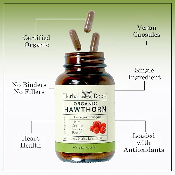 Herbal Roots Organic Hawthorn Berry Capsules | Extra Strength 1,200mg per Serving | 60 Vegan Capsules-StrideForce Fitness