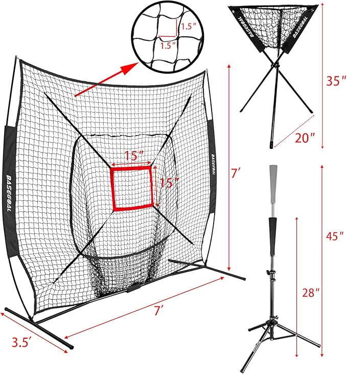 7'×7' Baseball Softball Practice Net,Baseball Backstop,with Batting Tee,Ball Caddy,for Hitting Pitching Batting Catching with Bow Frame,Bonus Strike Zone,Portable and Foldable-StrideForce Fitness