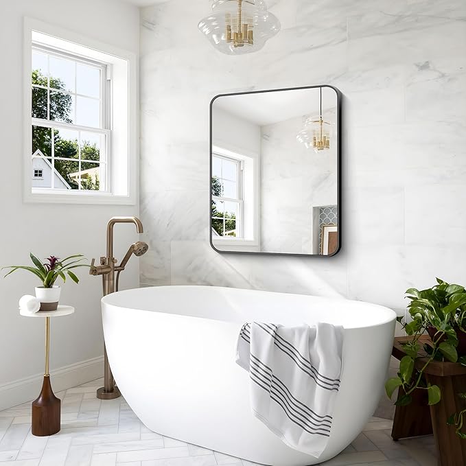 30x36 inch Bathroom Mirror,Black Rectangle Mirror,Wall Mounted Bathroom Frame Vanity Mirror with Round Corner for Bedroom Living Room, Entryway Hangs Horizontal or Vertical-StrideForce Fitness