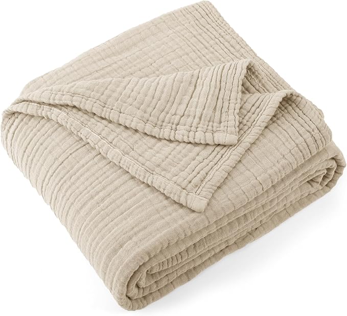 Carriediosa 100% Cotton Muslin Throw Blanket 66" X 90" Twin XL Size，4-Layers Summer Gauze Throws for Bed Couch，Soft Lightweight Breathable Linen Blankets Bedspread for Adults All Season，Khaki-StrideForce Fitness