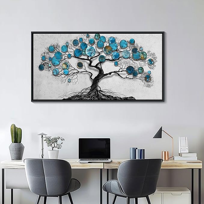 CHATYOUNG Living Room Wall Art - Tenacious Tree of Life Teal Blue Leaves Theme Large Paintings Canvas Framed Wall Picture for Office Bedroom Kitchen Office Home Decor 40"x20"-StrideForce Fitness