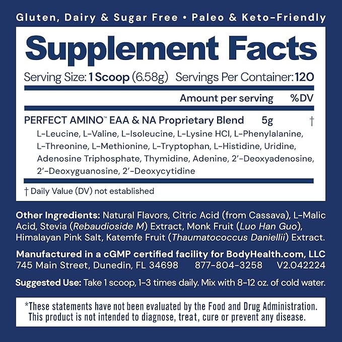 BodyHealth PerfectAmino Powder - BCAA and EAA Powder for Pre and Post Workout - Amino Acid Energy Drink for Men and Women to Support Lean Muscle and Recovery - Mixed Berry - 120 Servings-StrideForce Fitness