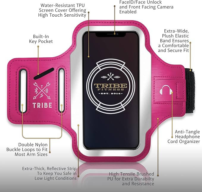 TRIBE Running Phone Holder Armband. iPhone & Galaxy Cell Phone Sports Arm Bands for Women, Men, Runners, Jogging, Walking, Exercise & Gym Workout. Fits All Smartphones. Adjustable Strap, CC/Key Pocket-StrideForce Fitness