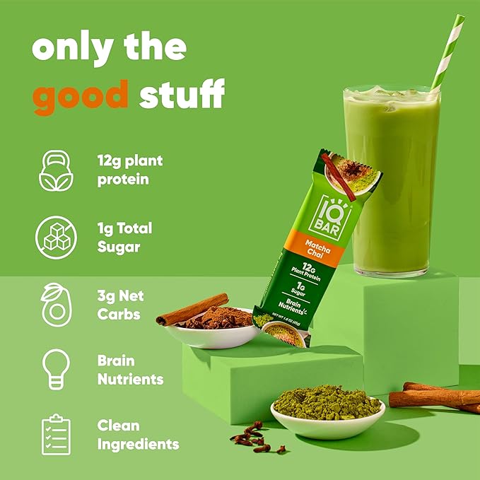 IQBAR Brain and Body Plant Protein Bars - Matcha Chai - 36-Count Low Carb - Gluten Free, High Fiber, Vegan Snacks - Low Sugar Meal Replacement-StrideForce Fitness