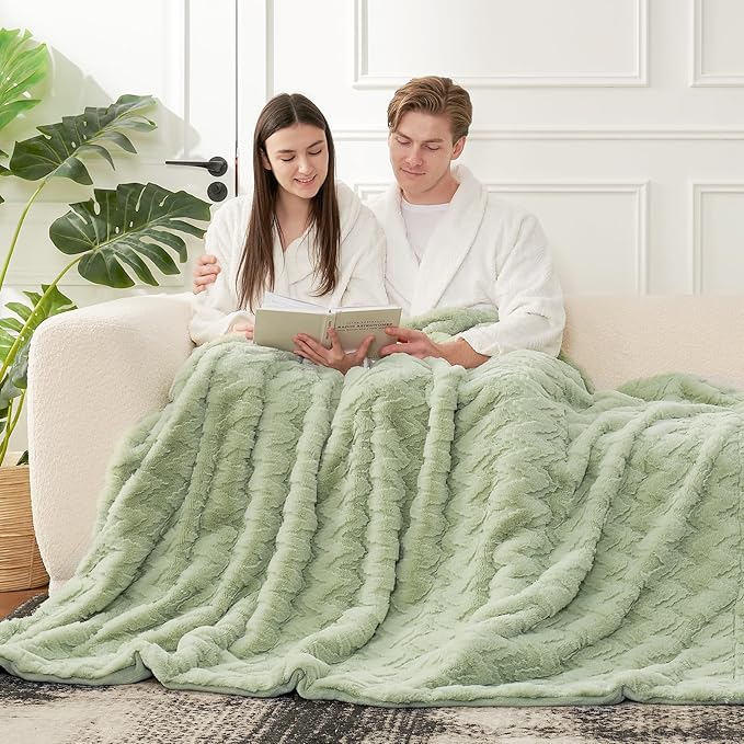 Cozy Bliss Faux Fur Throw Blanket for Couch - Soft Fuzzy Cozy Throw Gift Blankets for Women,Sage Green Boho Blanket for Sofa Bedroom Living Room.50 * 60 Inches-StrideForce Fitness