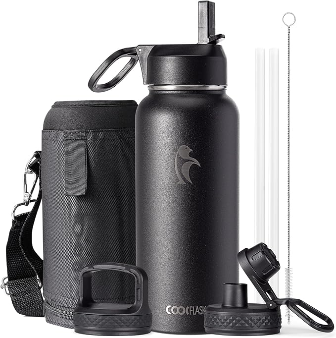 Water Bottle 32 oz Insulated with Straw, Coolflask Stainless Steel Metal 3 Lids Water Flask Wide Mouth for Sports or Office, Non-BPA Keep Cold Up to 48 Hrs or Hot Up to 24 Hrs, Magic Black-StrideForce Fitness