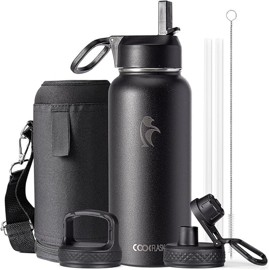 Water Bottle 32 oz Insulated with Straw, Coolflask Stainless Steel Metal 3 Lids Water Flask Wide Mouth for Sports or Office, Non-BPA Keep Cold Up to 48 Hrs or Hot Up to 24 Hrs, Magic Black-StrideForce Fitness