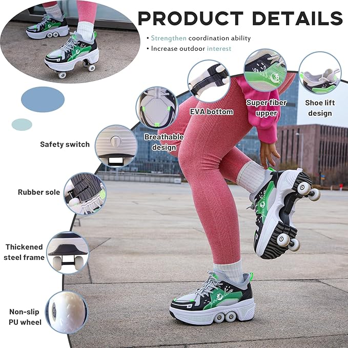 Roller Skate Shoes for Women Four Rounds Children's Roller Skates Shoes That Turn into Rollerskates Sneakers Outdoor Light Shoes with Wheels for Girls/Boys-StrideForce Fitness