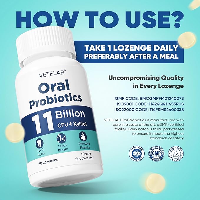 Oral Probiotics for Mouth Bad Breath - 11 Billion CFU Chewable Probiotics for Teeth & Gums, Dry Mouth, Gum Restore, Fresh Breath, Chronic Halitosis & Gut Health, 60 Lozenges