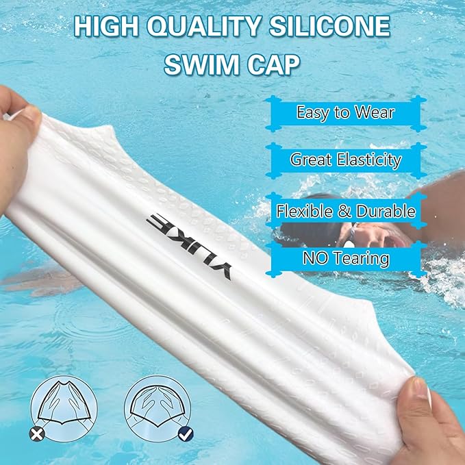 Silicone Swim Cap for Long Hair Adults Women Men, Waterproof Stretchy Swimming Caps, Durable Tear Resistant Bathing Cap-StrideForce Fitness