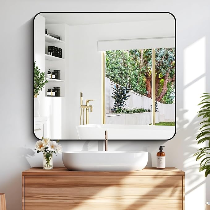 40" x 36"Bathroom Mirror, Matte Black Wall Mirror with Metal Frame, Decorative Rectangular Vanity Mirror for Bedroom Bathroom Living Room Entryway (Horizontal/Vertical)-StrideForce Fitness