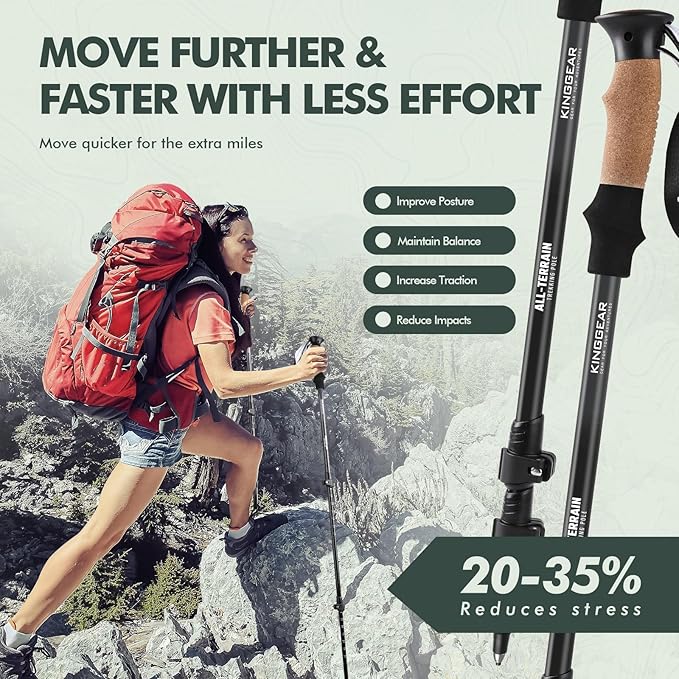 KINGGEAR Nordic Walking Stick, TP1 Hiking Poles Retractable Lightweight 7075 Aluminum, Trekking Poles with Flip Lock, Natural Cork and EVA Grip, 2pc Hiking Gear-StrideForce Fitness