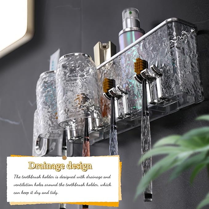 Toothbrush Holders Combo Set for Bathroom，4 Cups Toothbrush Holder Wall Mounted with Organizer，Gift 4 Count Ultra Fine Soft Bristle Crystal Tooth Brush and Wall Mounted Toothpaste Squeezer